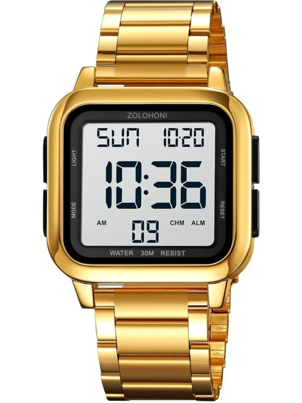 Men's Gold Analog Quartz Stainless Steel Waterproof Square LED Digital Watch